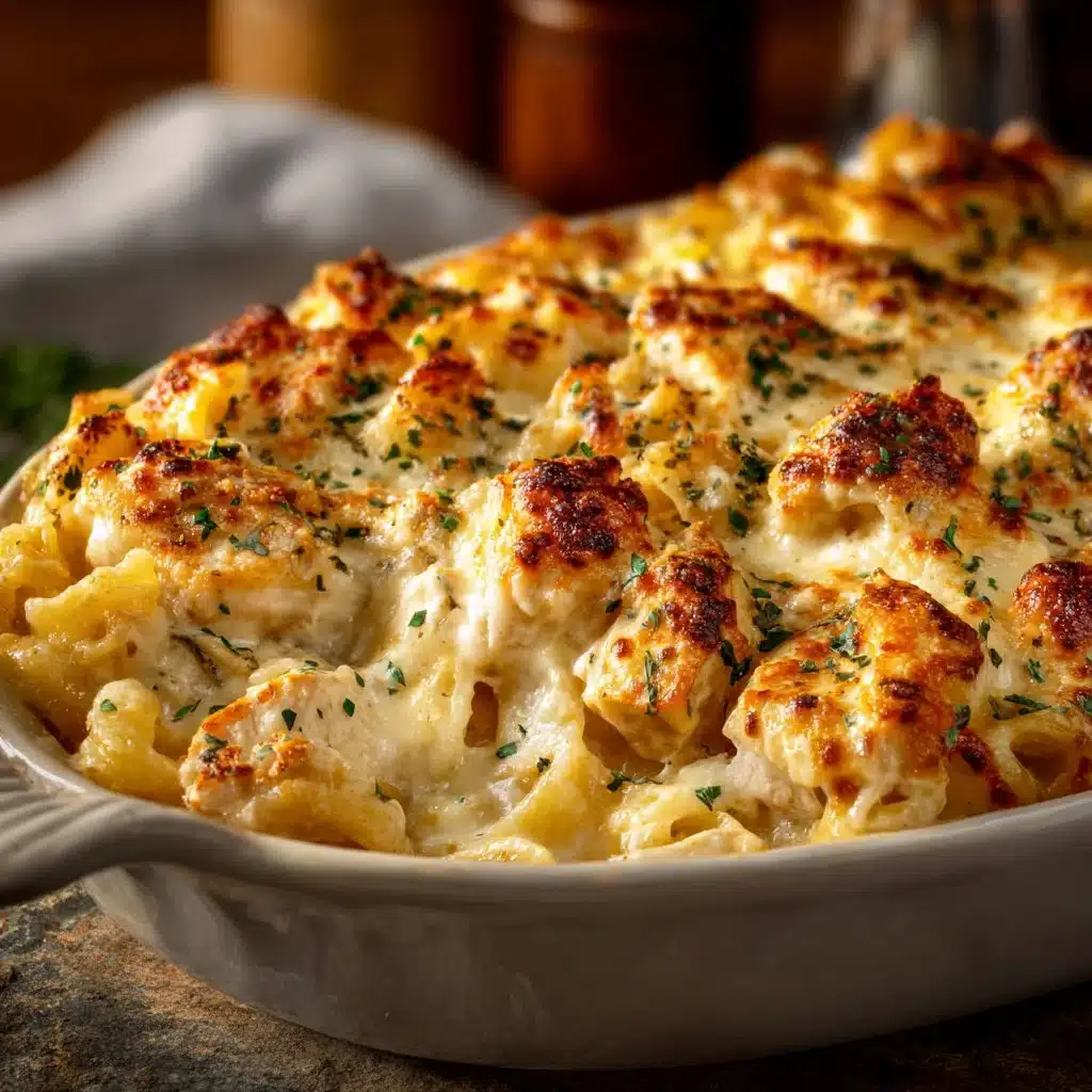High-protein chicken alfredo bake dish served in a bowl with parmesan cheese