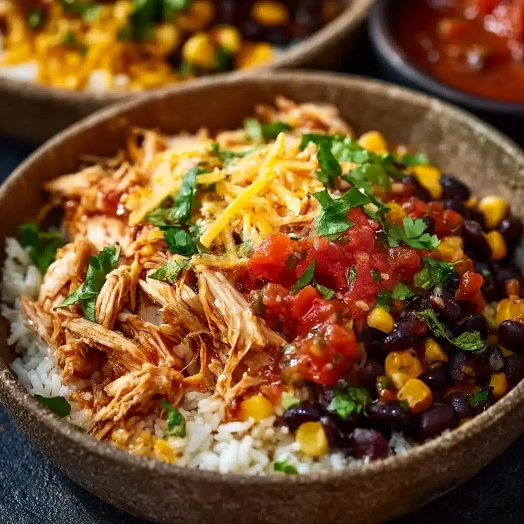 A delicious slow cooker chicken burrito bowl garnished with cilantro and lime.