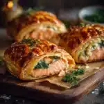 Delicious individual salmon wellingtons served with fresh herbs on a plate.