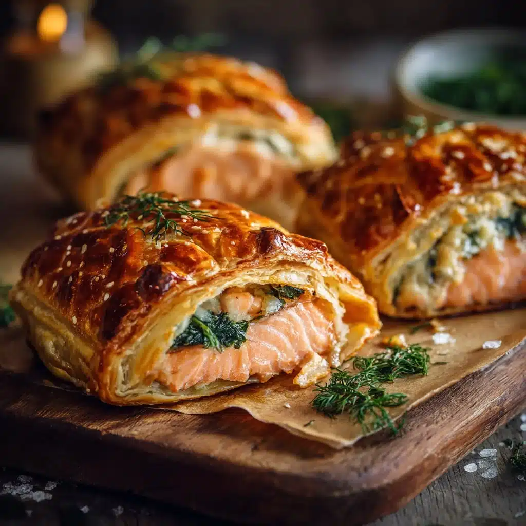 Delicious individual salmon wellingtons served with fresh herbs on a plate.