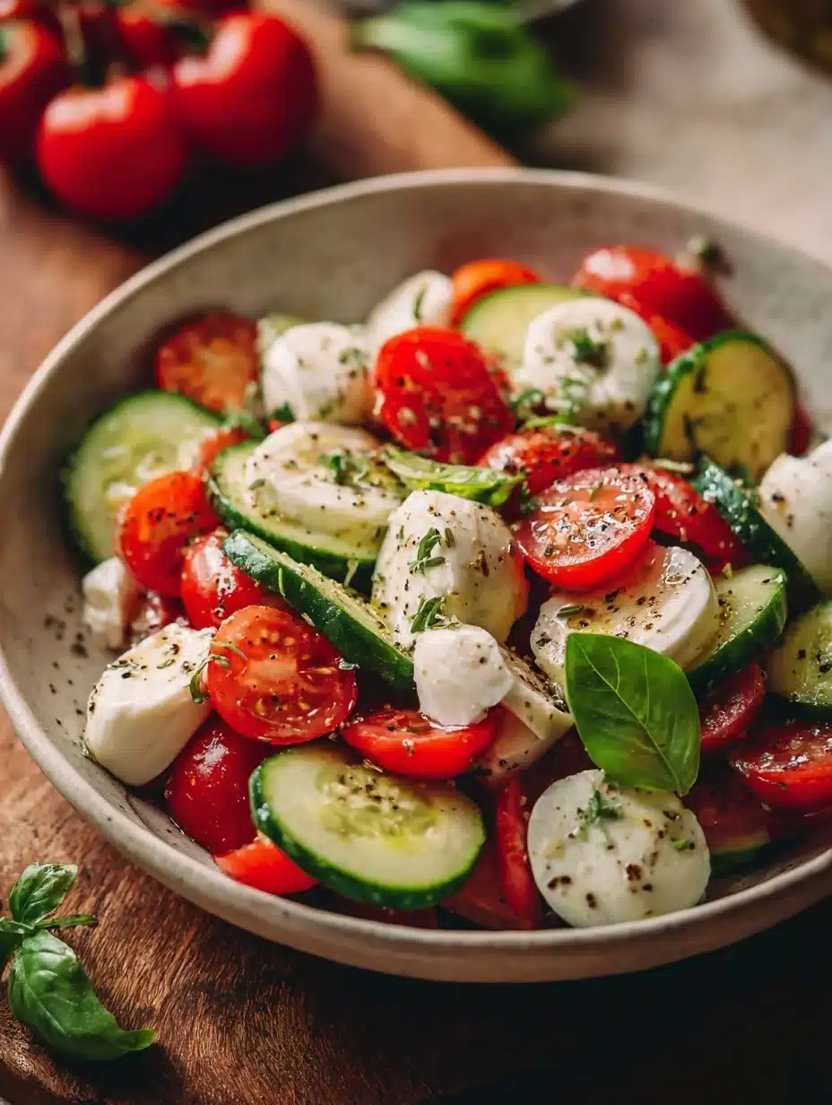 Fresh Juicy Cucumber Caprese Salad with mozzarella and basil