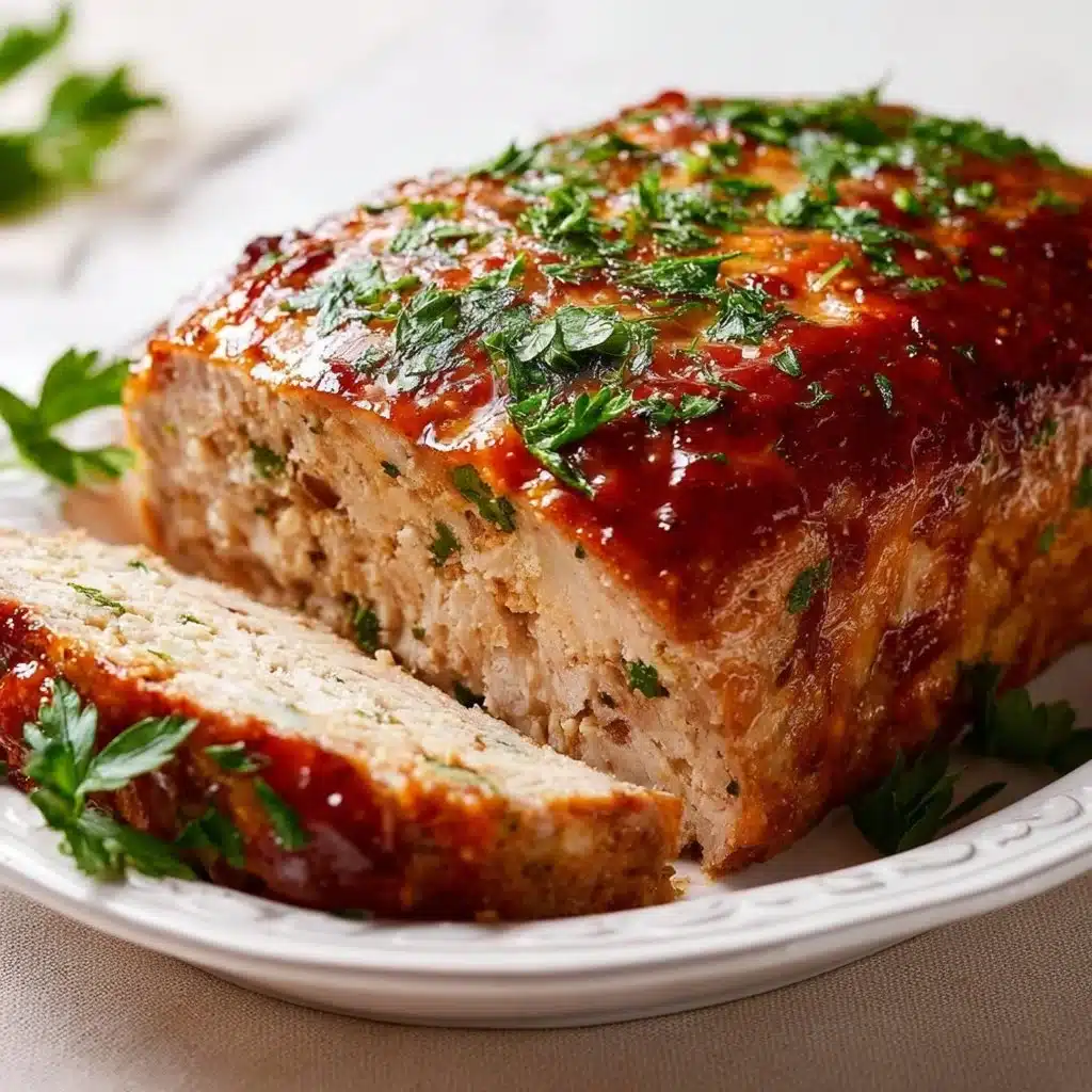 Deliciously baked garlic parmesan chicken meatloaf garnished with parsley.