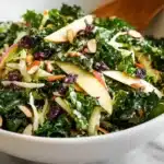 Healthy Kale Crunch Salad with crunchy toppings and dressing