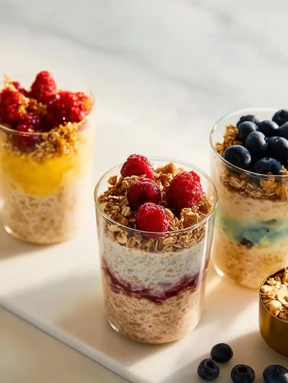 Bowl of creamy kefir overnight oats topped with fruits and nuts