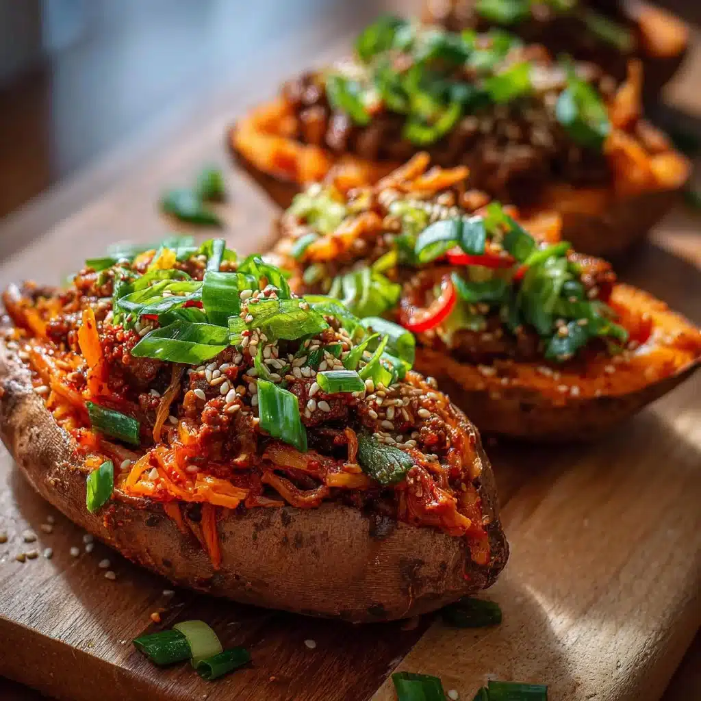 Kimchi Bulgogi stuffed sweet potatoes with vibrant ingredients and savory sauce