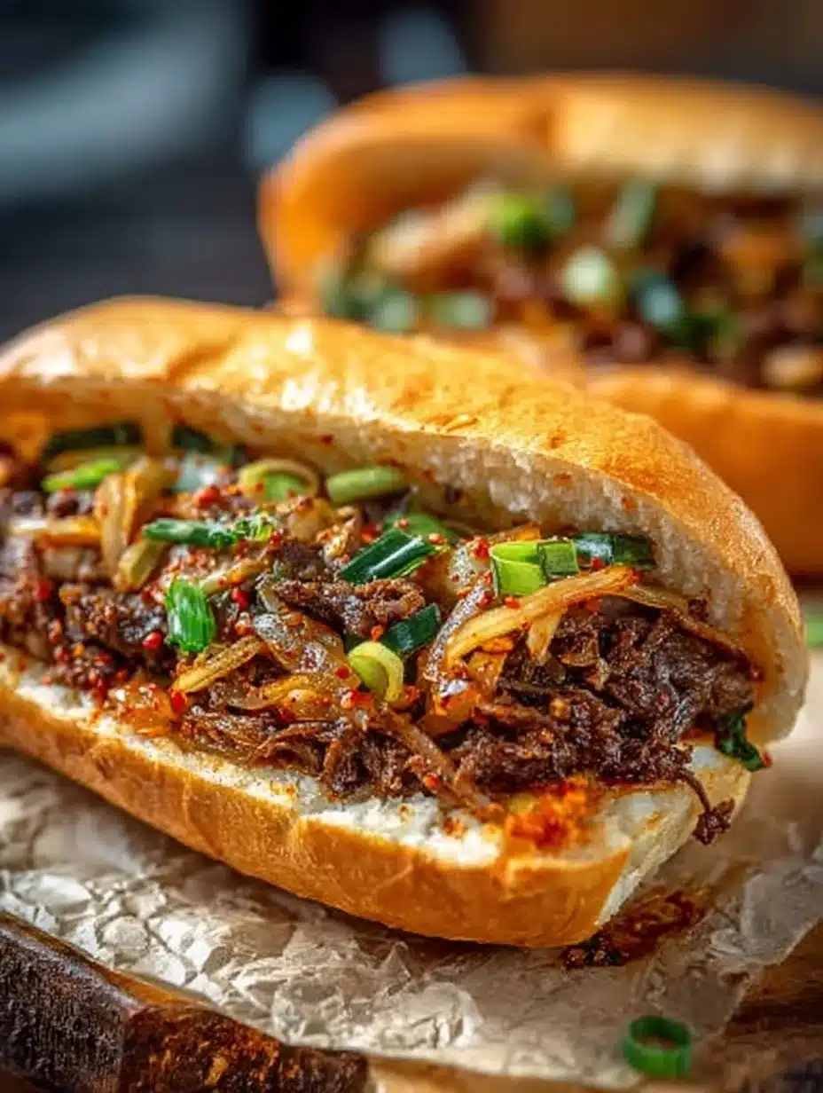 Korean inspired kimchi bulgogi cheesesteak with melted cheese and flavorful ingredients