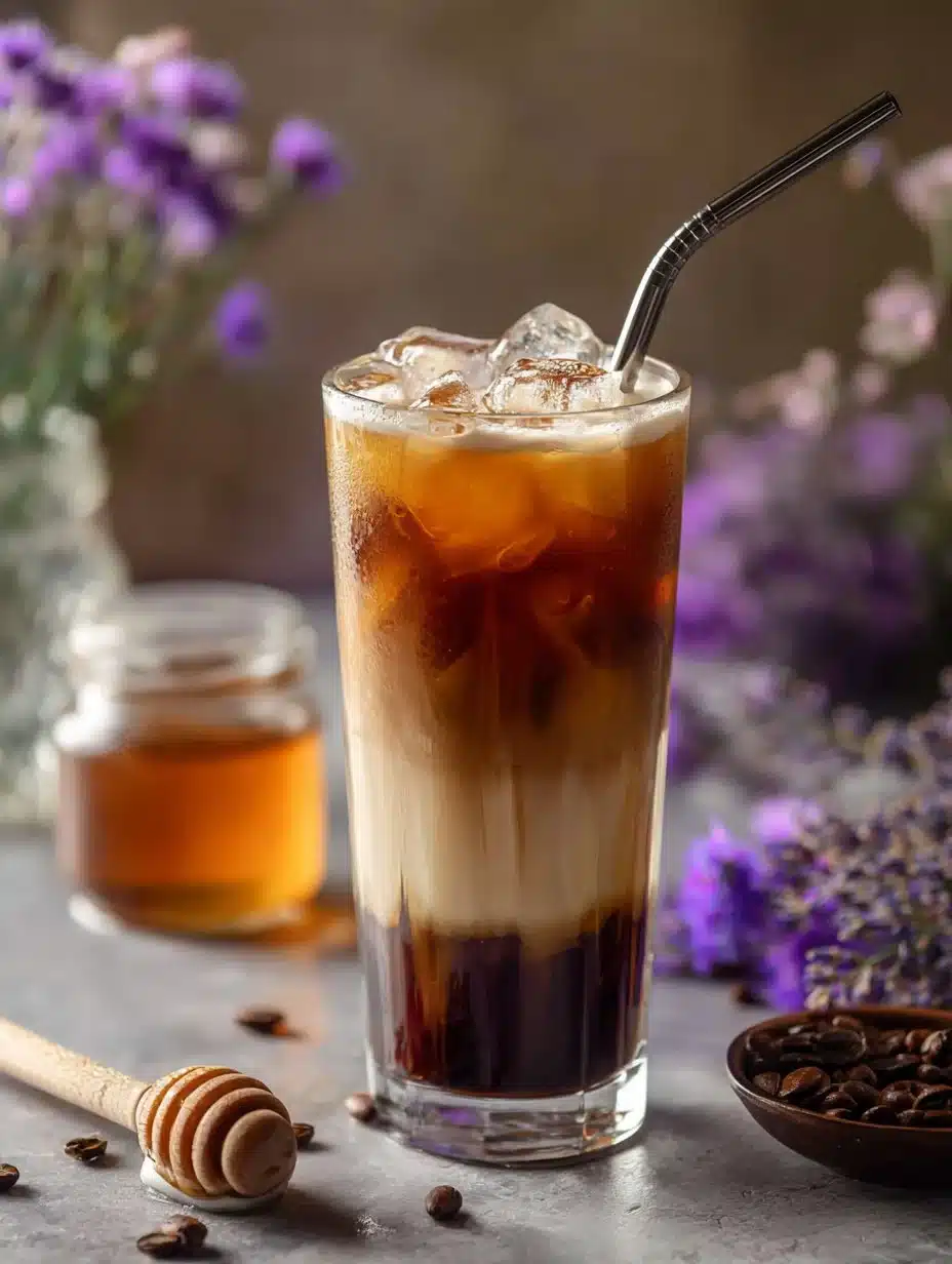 Lavender Honey Iced Latte with a vibrant purple hue and delicate floral garnishes