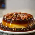 Delicious Mexican chocoflan dessert with layers of chocolate cake and flan