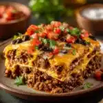 Delicious Mexican Lasagna with layers of tortillas, beans, and cheese