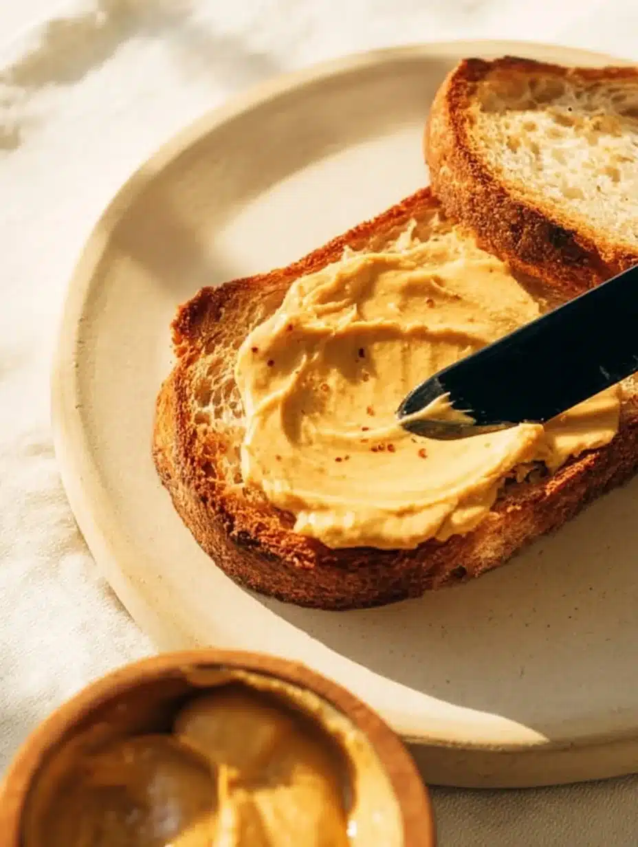 Delicious miso butter spread on fresh bread, showcasing its creamy texture and rich color.