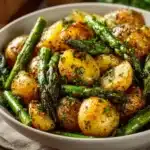 One-Pan Garlic Potatoes with Asparagus served on a white plate