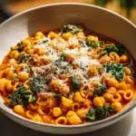 A bowl of Pasta Chickpeas garnished with fresh herbs and spices