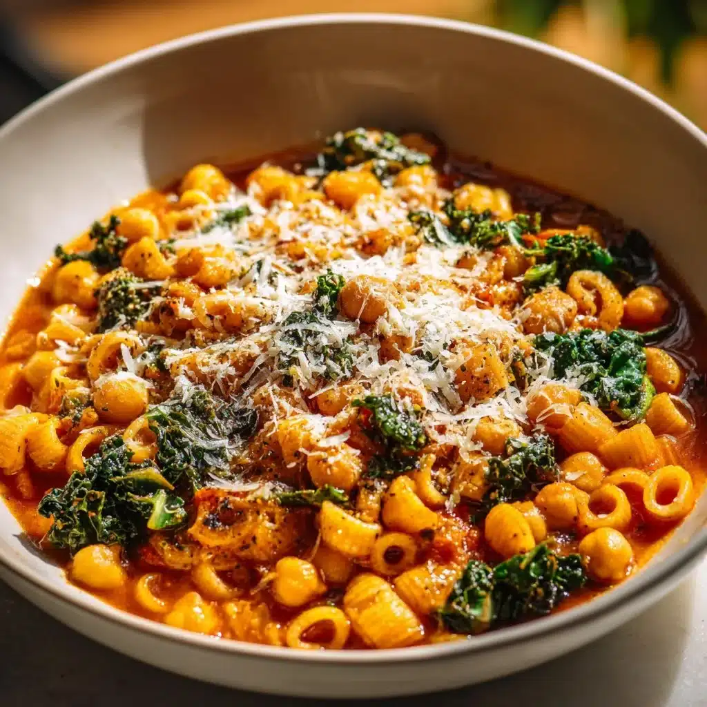 A bowl of Pasta Chickpeas garnished with fresh herbs and spices