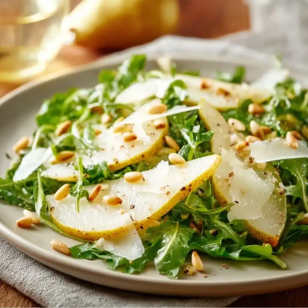 Fresh Pear Arugula Salad drizzled with Honey Vinaigrette in a bowl