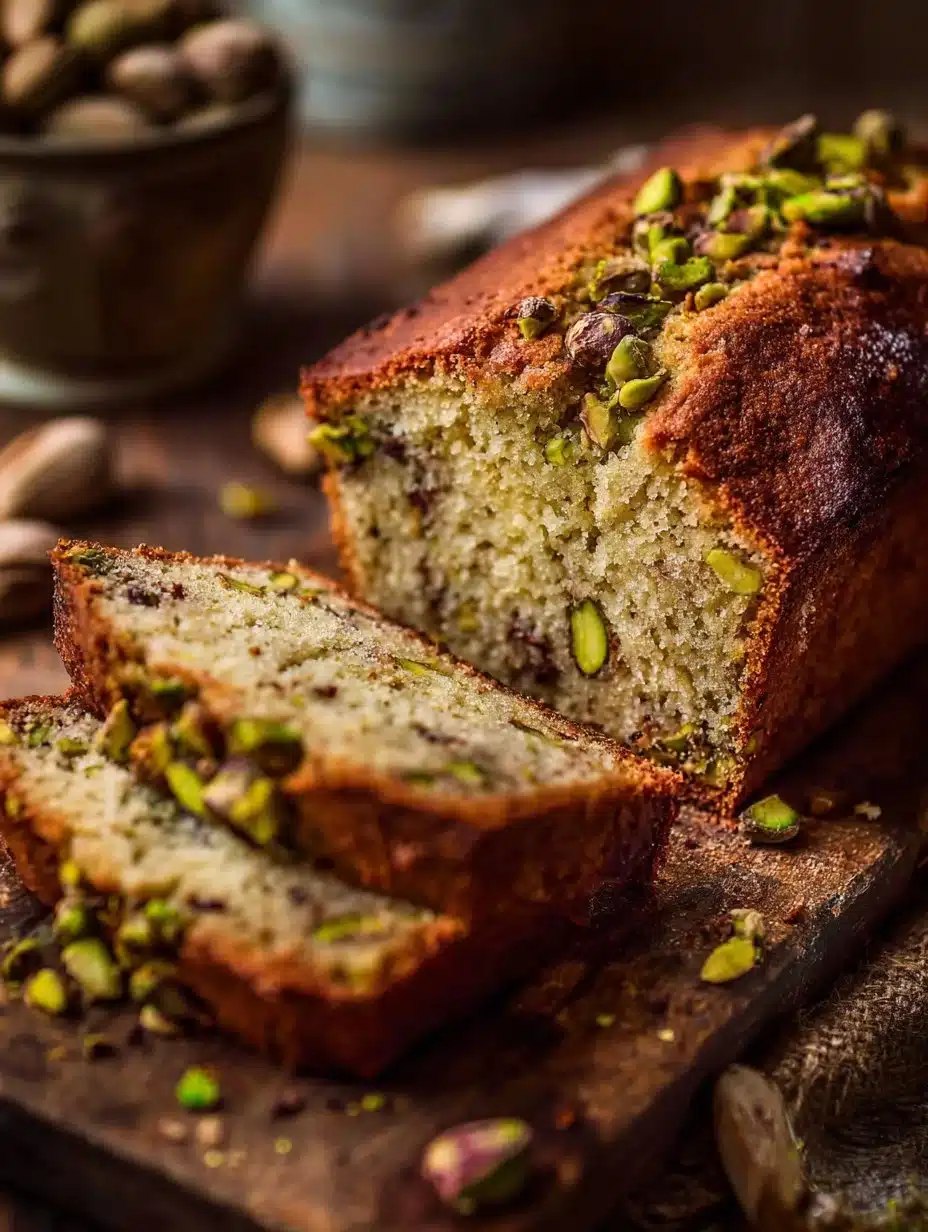 Freshly baked pistachio bread with a golden crust and vibrant green nuts