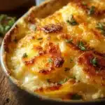 Deliciously creamy Potatoes Romanoff topped with cheese and herbs