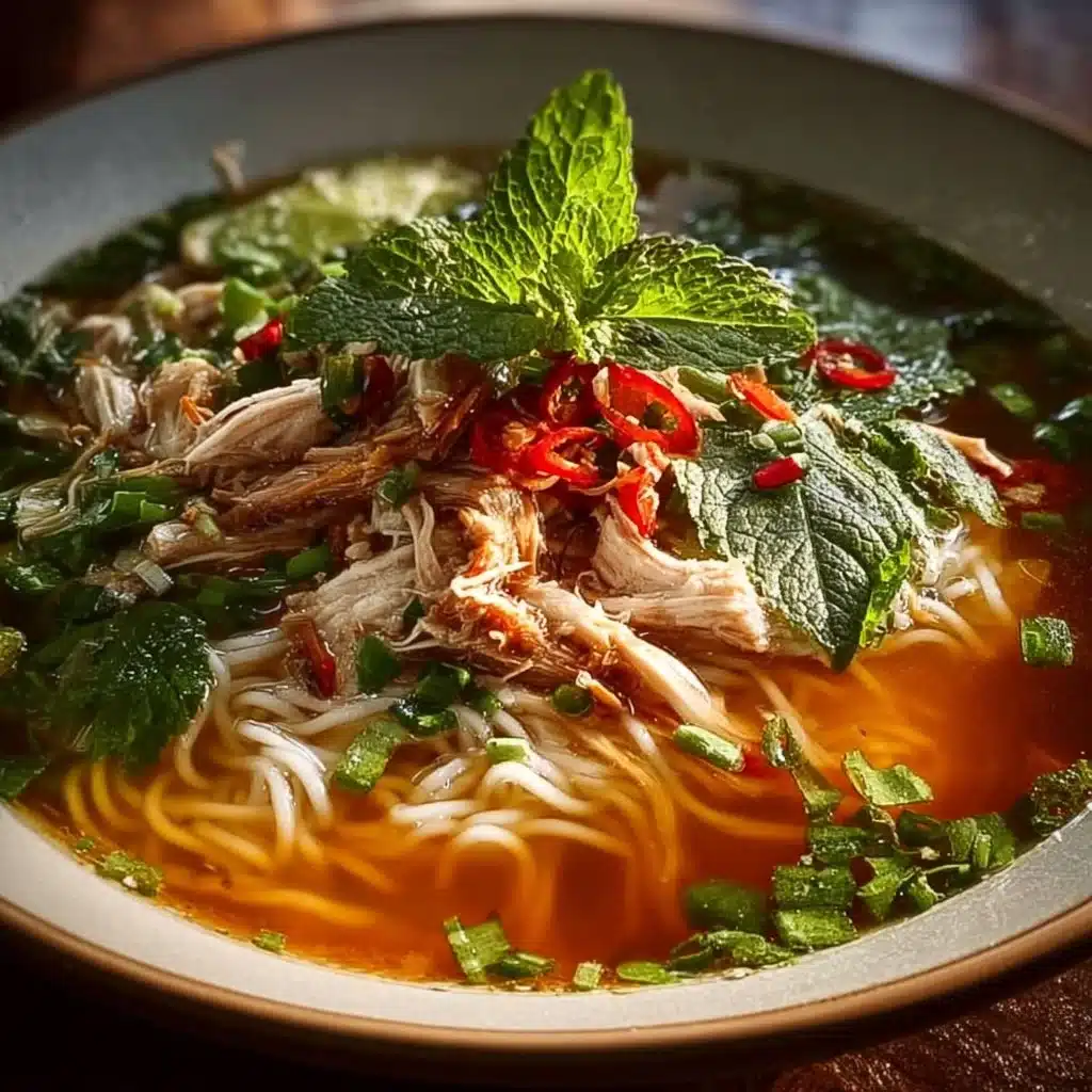 Bowl of Rotisserie Chicken Pho topped with fresh herbs and spices