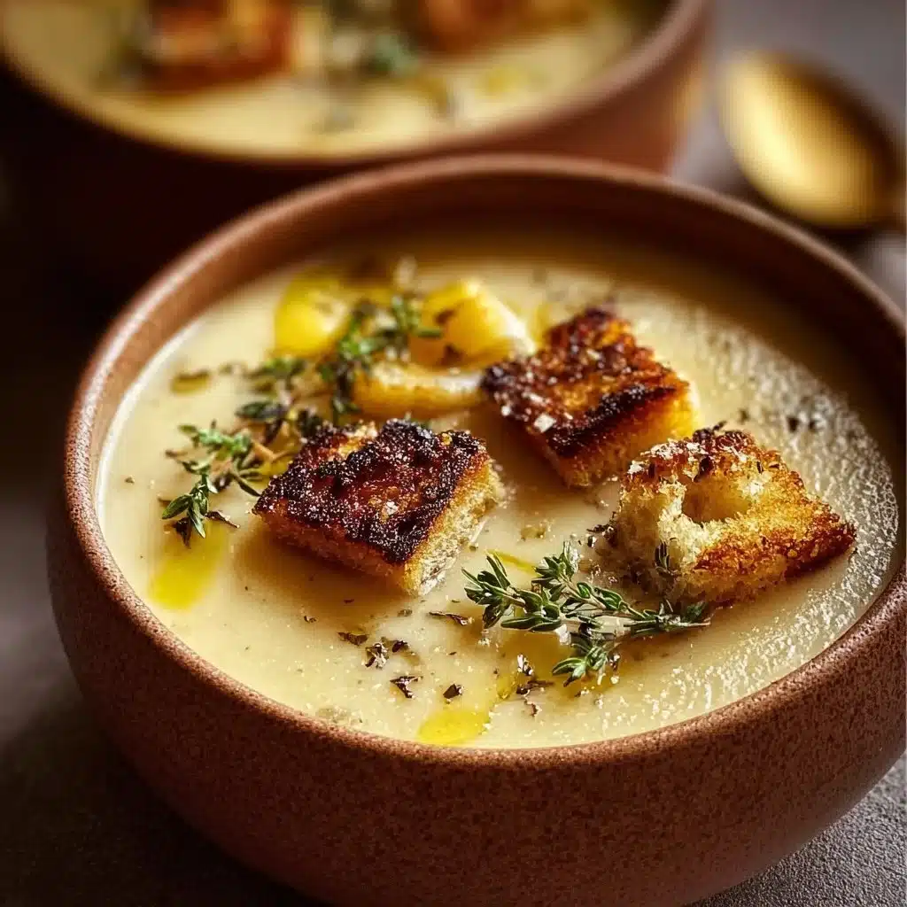 Bowl of Rustic Country French Garlic Soup garnished with herbs
