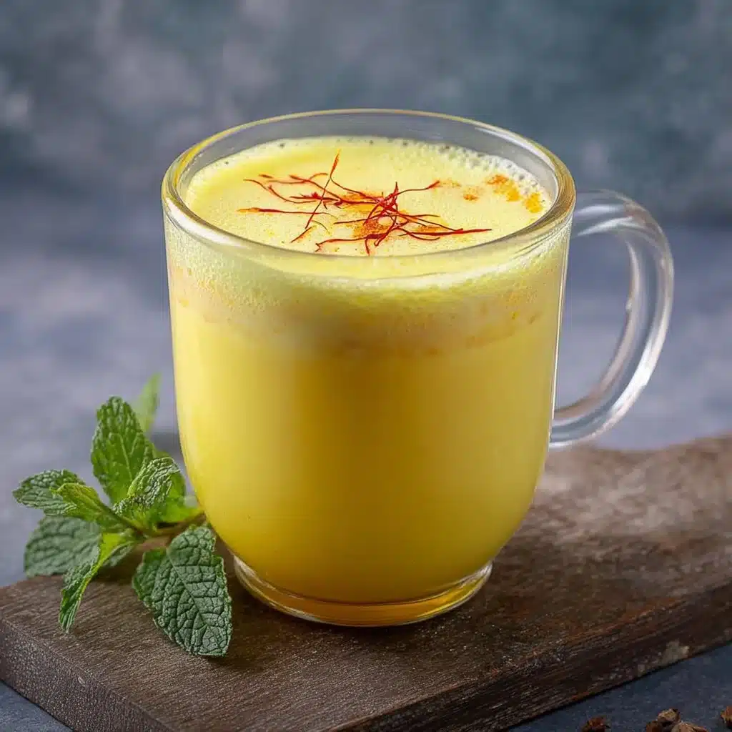 A delicious saffron latte served in a beautiful cup with a sprinkle of saffron on top.