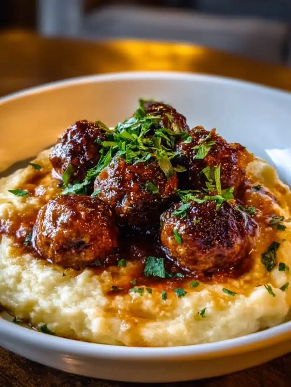 Delicious Salisbury steak meatballs with garlic herb mashed potatoes