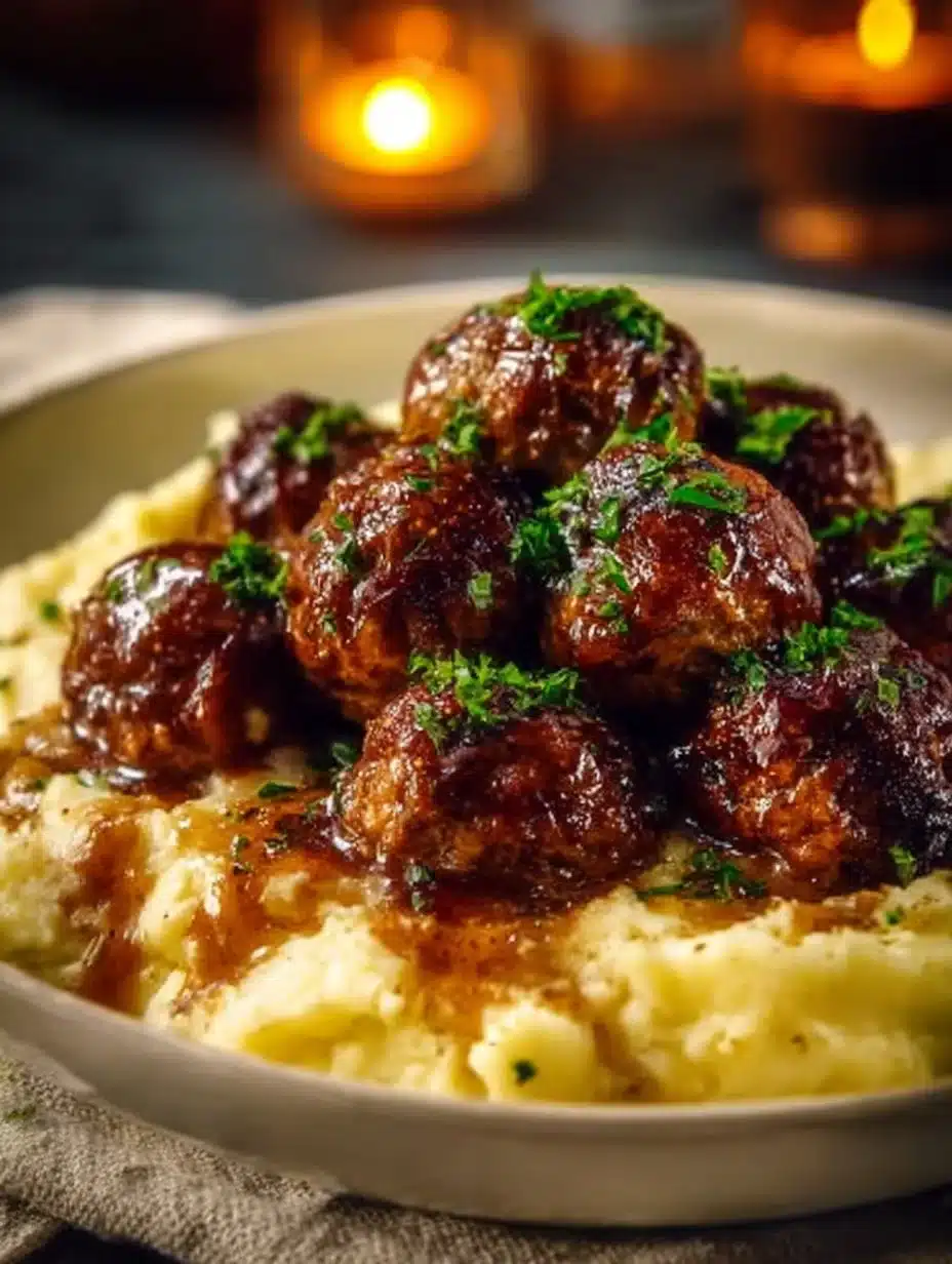 Salisbury Steak Meatballs with Garlic Herb Mashed Potatoes