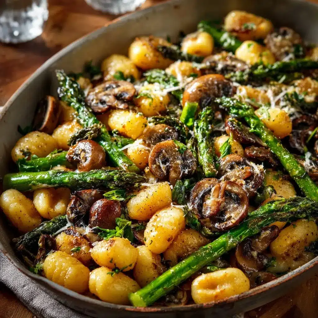 Sheet pan asparagus mushroom gnocchi ready to serve with vibrant vegetables.