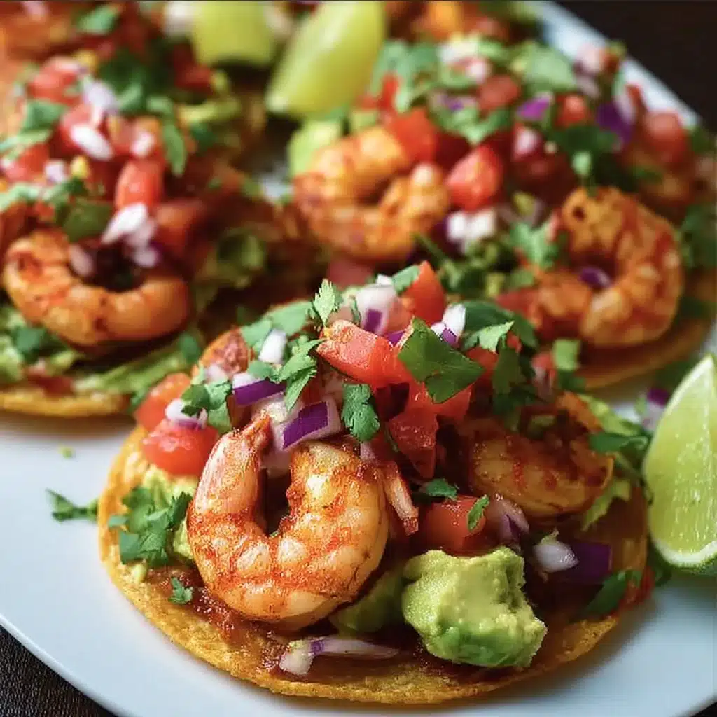 Delicious shrimp tostadas topped with avocado and salsa on a plate