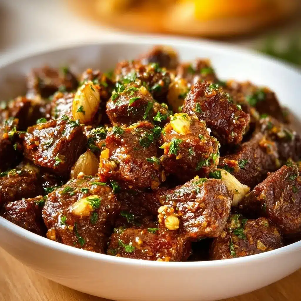 Slow Cooker Garlic Butter Beef Bites served on a plate with herbs