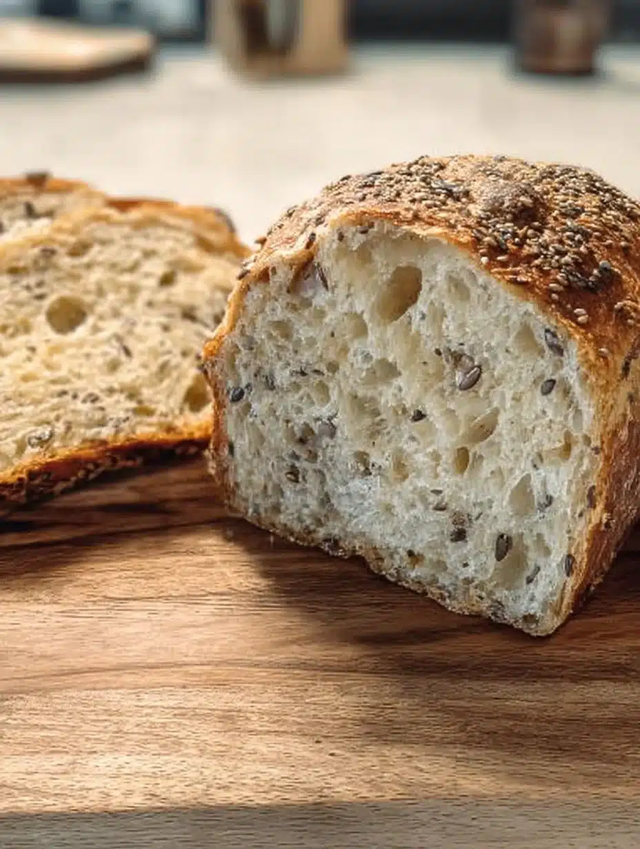 Freshly baked sourdough seeded sandwich bread on a wooden cutting board.