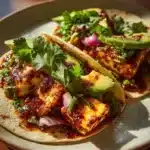 Spicy Honey Halloumi Tacos garnished with fresh herbs and lemon