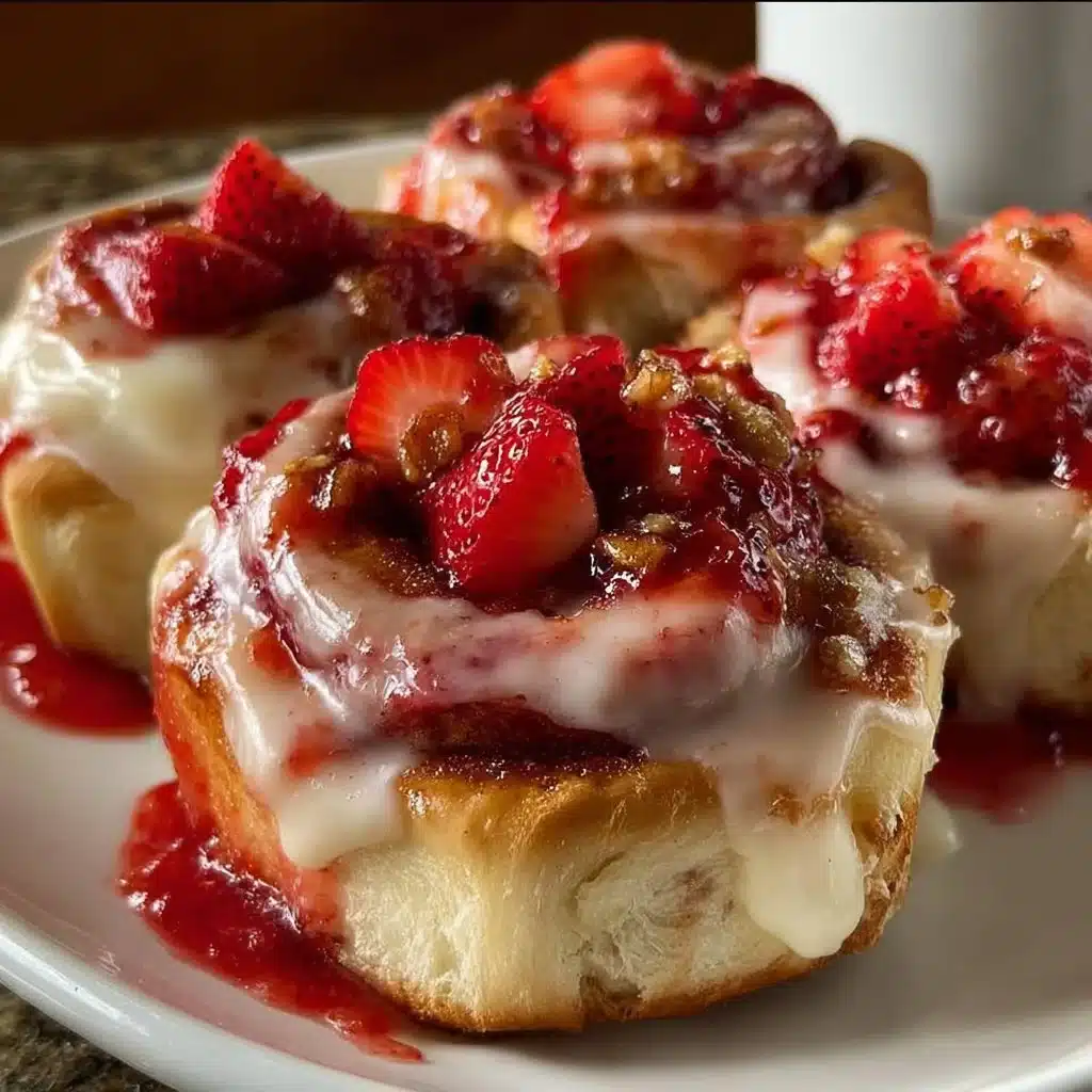 Strawberry Cheesecake Cinnamon Rolls topped with creamy frosting and fresh strawberries