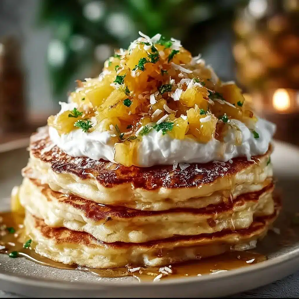 Delicious sweet coconut cream pancakes stacked with syrup and fresh toppings