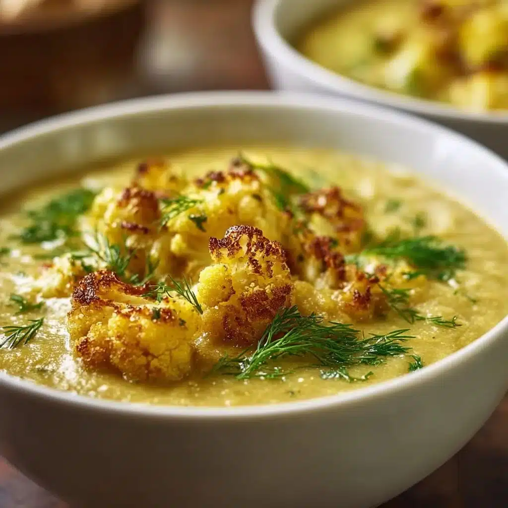 Bowl of tasty Mediterranean Cauliflower Soup garnished with fresh herbs