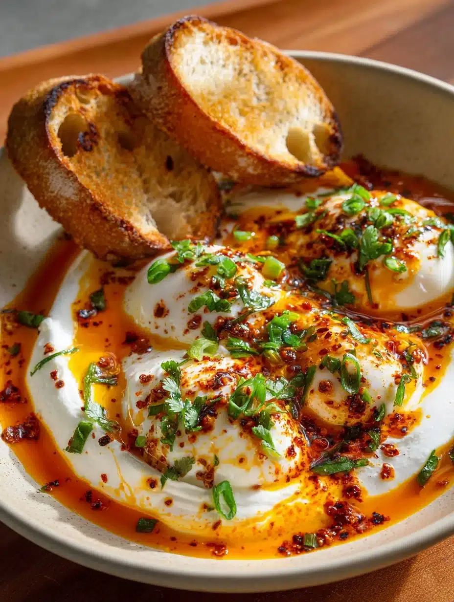 Turkish eggs Cilbir served with yogurt and spices