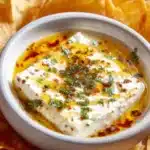 A bowl of whipped feta topped with hot honey, served with bread.