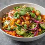 Asian cucumber and chickpea slaw in a bowl, garnished with herbs.