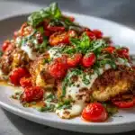 Baked Caprese Chicken with mozzarella, basil, and cherry tomatoes on a plate.