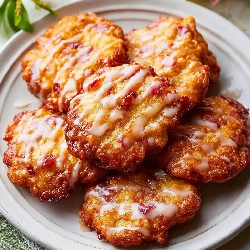 Baked rhubarb fritters on a plate, showcasing their golden texture.
