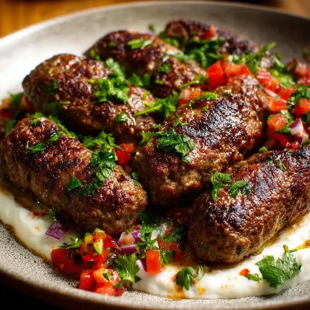 Delicious Beef Kofta Kebabs served on a grill with fresh vegetables.