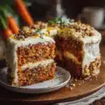 Delicious homemade carrot cake with cream cheese frosting and walnuts