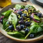 A colorful Blueberry Pistachio Spring Salad in a bowl, garnished with fresh greens.