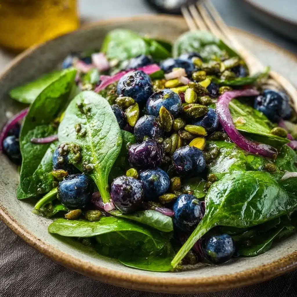 A colorful Blueberry Pistachio Spring Salad in a bowl, garnished with fresh greens.
