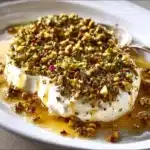 Boursin cheese appetizer with honey and pistachios served on a platter