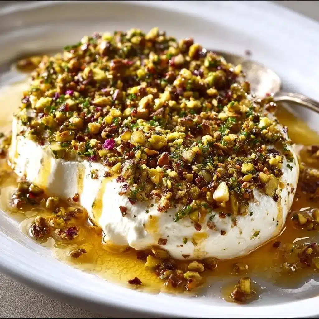 Boursin cheese appetizer with honey and pistachios served on a platter