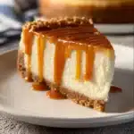 Delicious caramel cheesecake topped with drizzled caramel sauce.