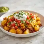 Delicious cheesy taco potatoes topped with fresh ingredients.