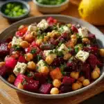 Chickpea Beet Feta Salad with vibrant colors and fresh ingredients