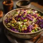 Chickpea salad with edamame and cabbage in a colorful bowl