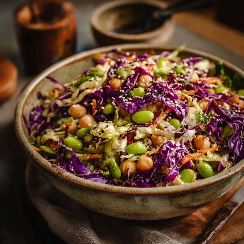 Chickpea salad with edamame and cabbage in a colorful bowl