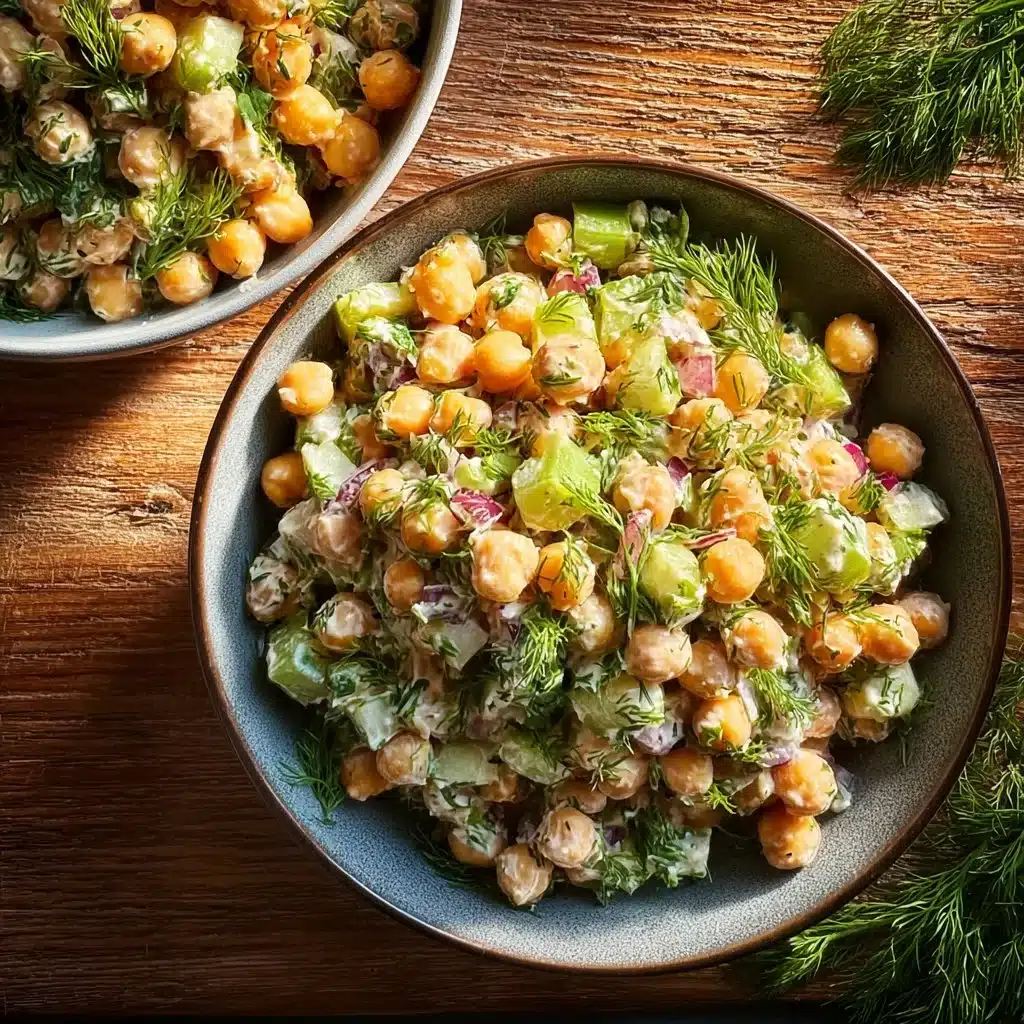 Chickpea salad with fresh dill and colorful vegetables served in a bowl.